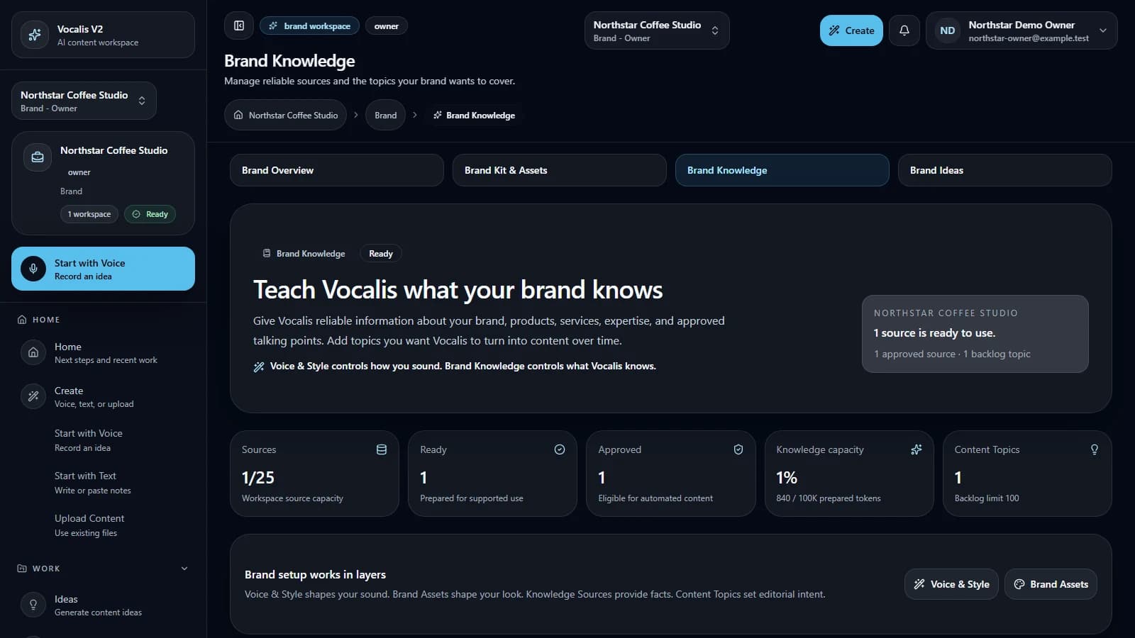 Add brand knowledge controls in the Northstar Coffee Studio synthetic workspace (desktop view).