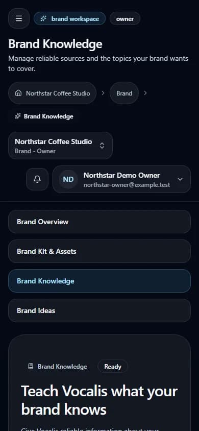 Add brand knowledge controls in the Northstar Coffee Studio synthetic workspace (mobile view).