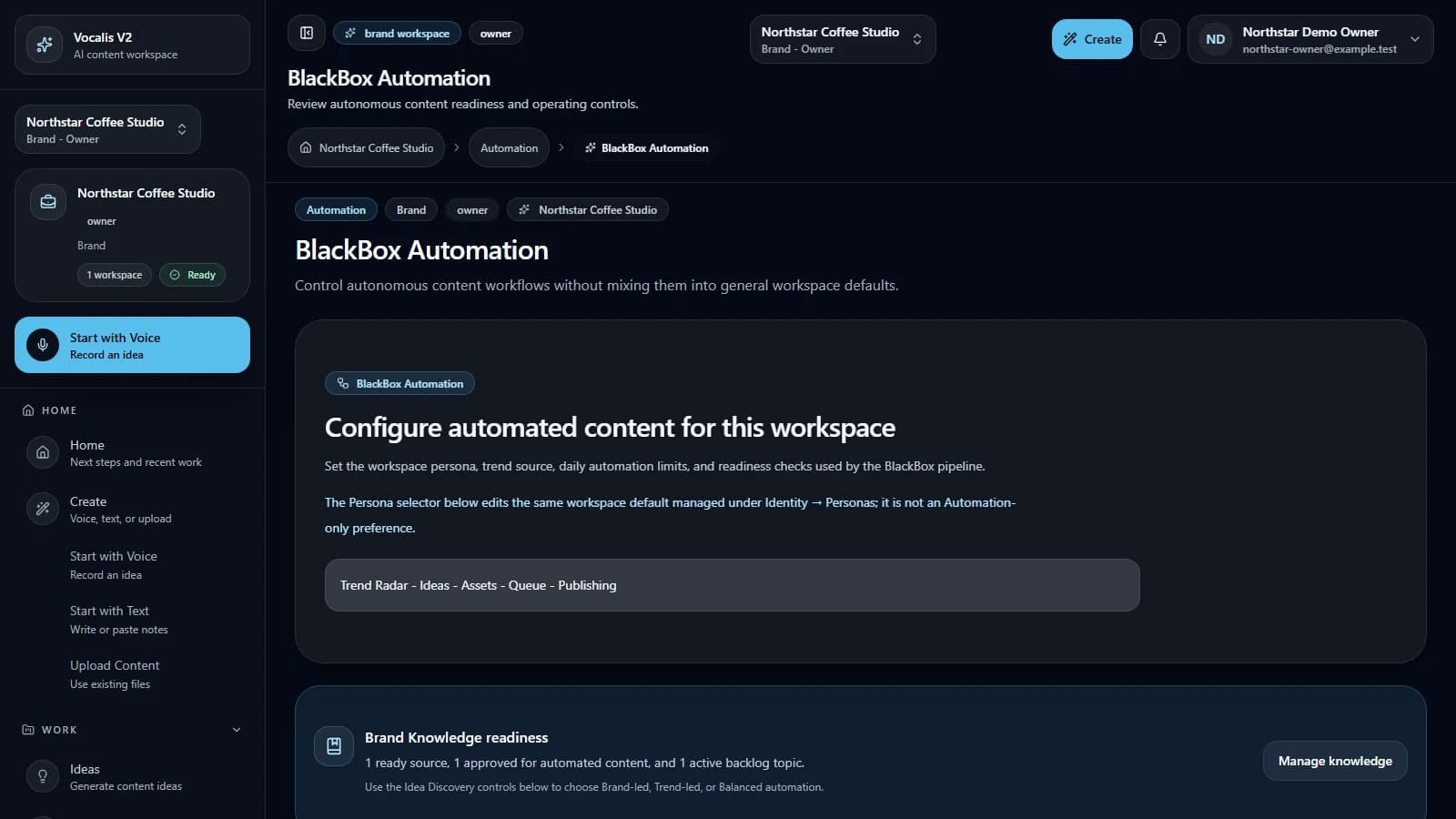 Vocalis BlackBox automation controls using synthetic demo data.