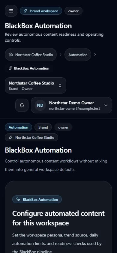 BlackBox Automation controls in the Northstar Coffee Studio synthetic workspace (mobile view).