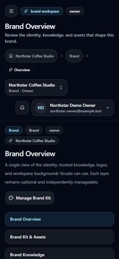 Configure your brand controls in the Northstar Coffee Studio synthetic workspace (mobile view).