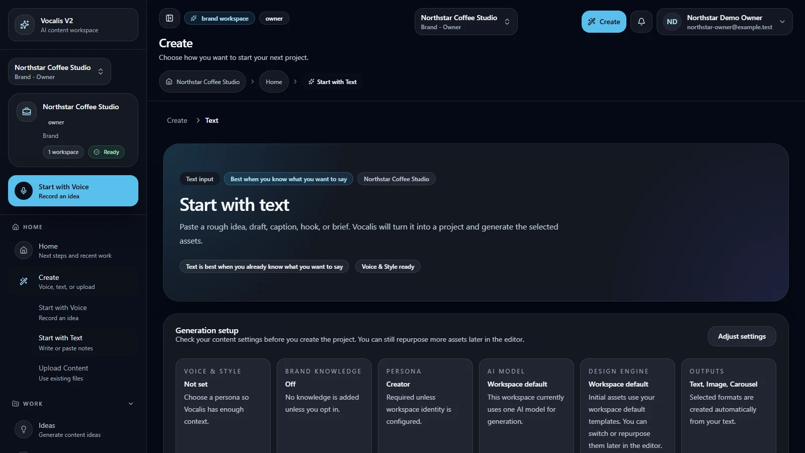 Vocalis text content creation using synthetic demo data.
