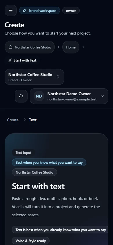 Create a text post controls in the Northstar Coffee Studio synthetic workspace (mobile view).