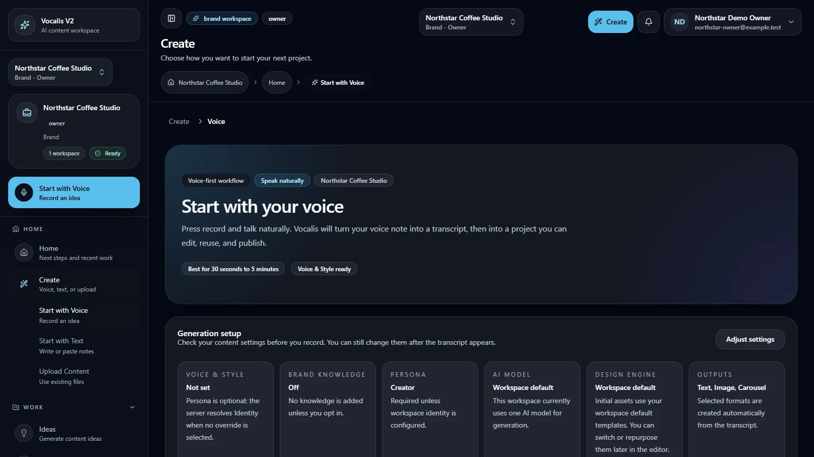 Create content with voice controls in the Northstar Coffee Studio synthetic workspace (desktop view).