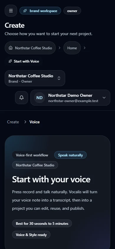 Create content with voice controls in the Northstar Coffee Studio synthetic workspace (mobile view).