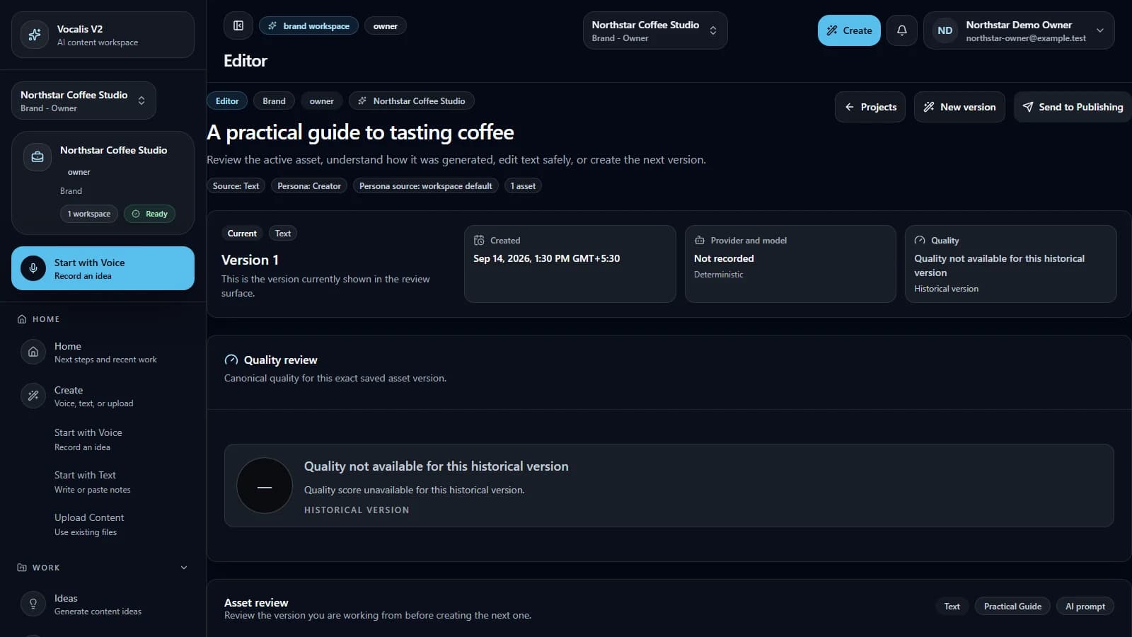 Vocalis editor and version controls using synthetic demo data.