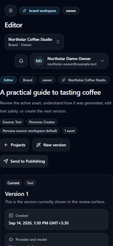 Edit content and manage versions controls in the Northstar Coffee Studio synthetic workspace (mobile view).