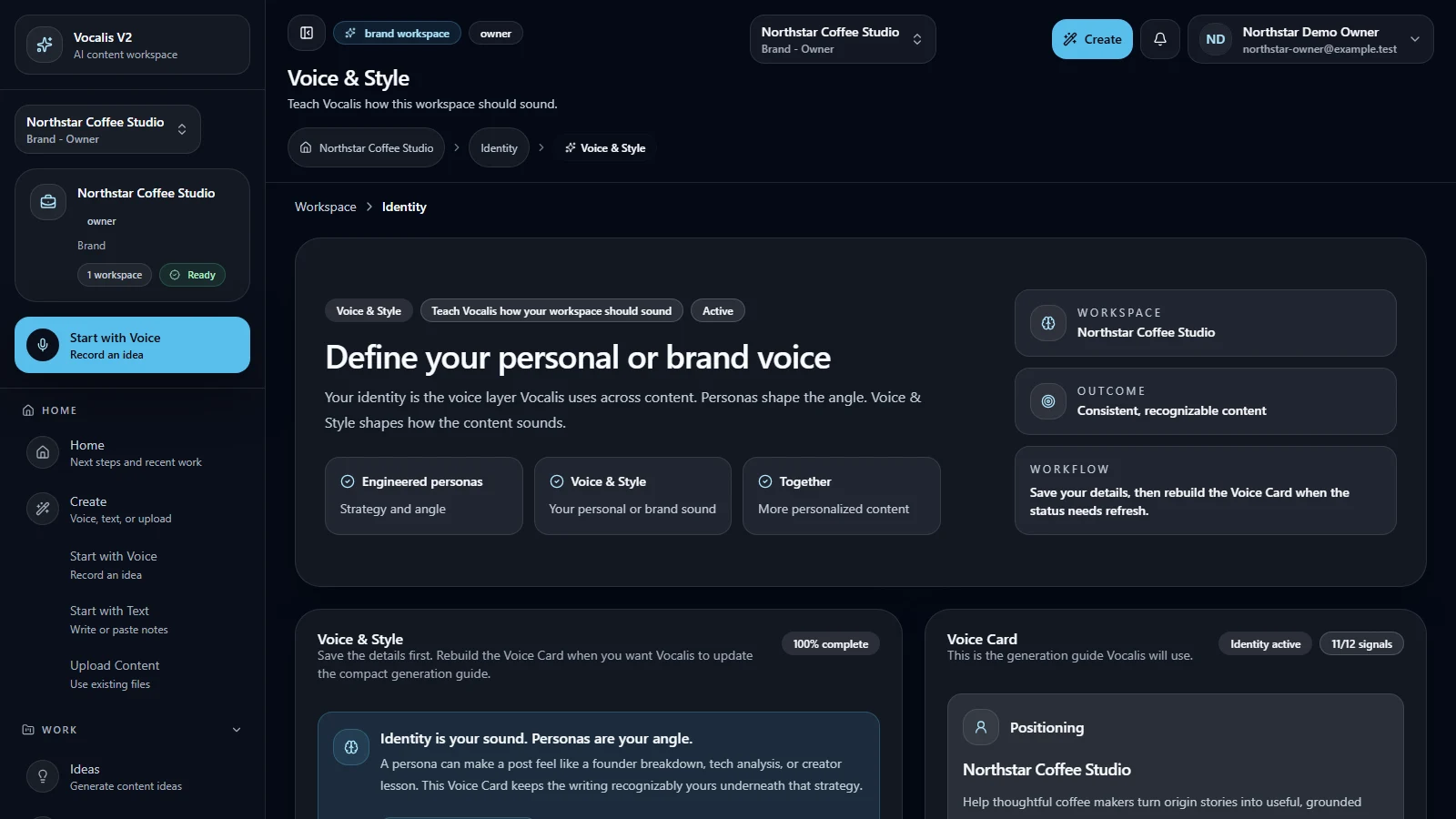 Vocalis identity, personas, and voice controls using synthetic demo data.