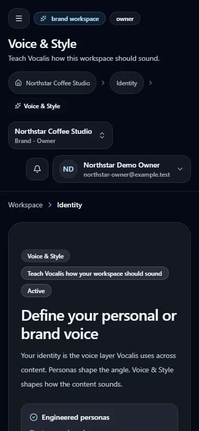 Identity, personas, and voice controls in the Northstar Coffee Studio synthetic workspace (mobile view).