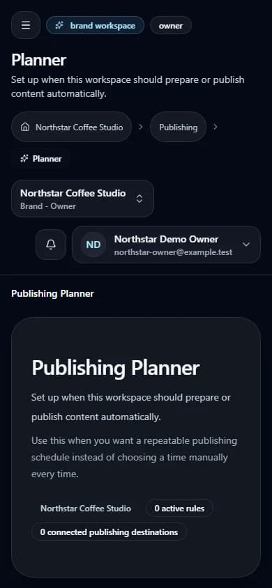 Planner and timezone controls in the Northstar Coffee Studio synthetic workspace (mobile view).