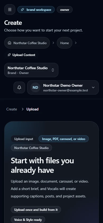 Repurpose uploaded content controls in the Northstar Coffee Studio synthetic workspace (mobile view).