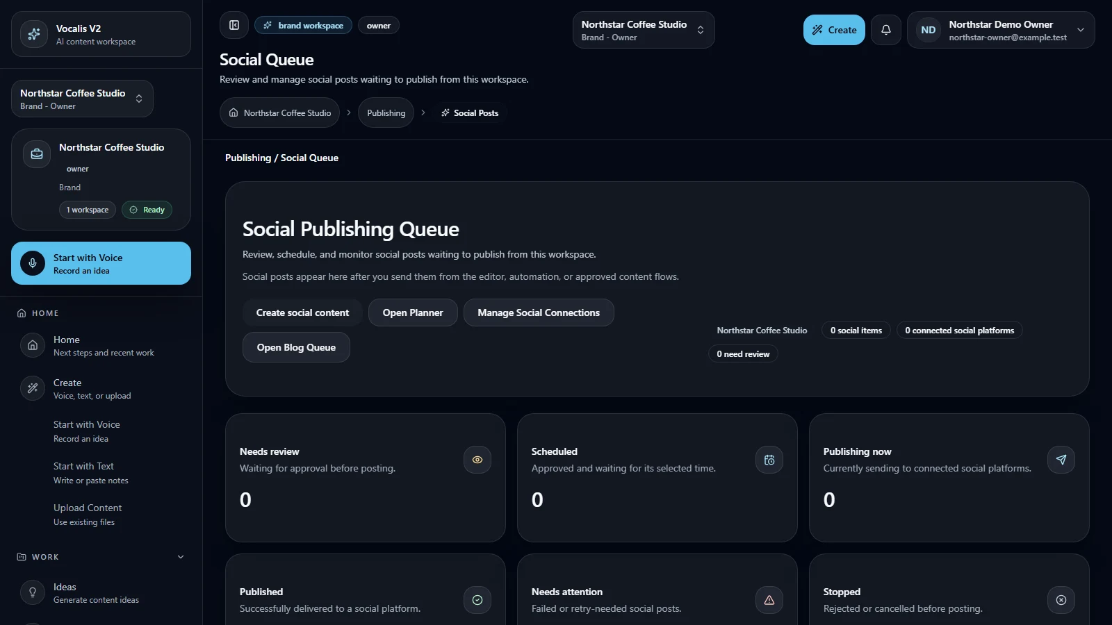 Send content to publishing controls in the Northstar Coffee Studio synthetic workspace (desktop view).