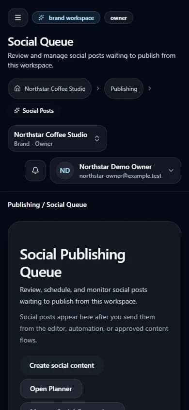 Send content to publishing controls in the Northstar Coffee Studio synthetic workspace (mobile view).